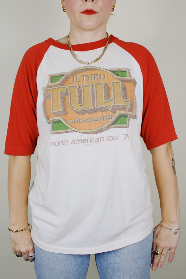 3/4 arm length off white cream with red arms jethro tull 1979 tour baseball tee