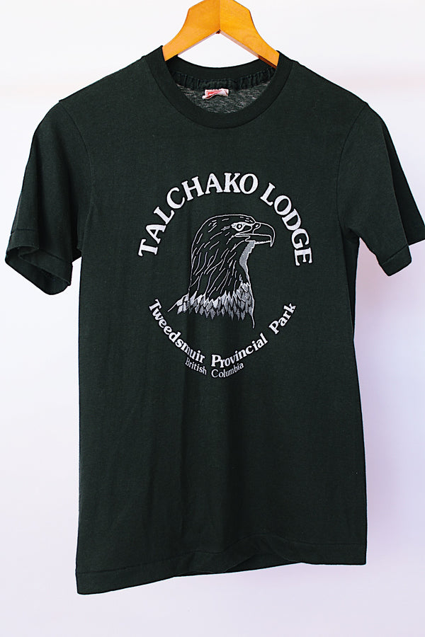 short sleeve black t-shirt vintage talchako lodge british columbia