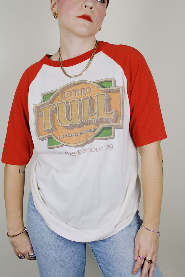 3/4 arm length off white cream with red arms jethro tull 1979 tour baseball tee