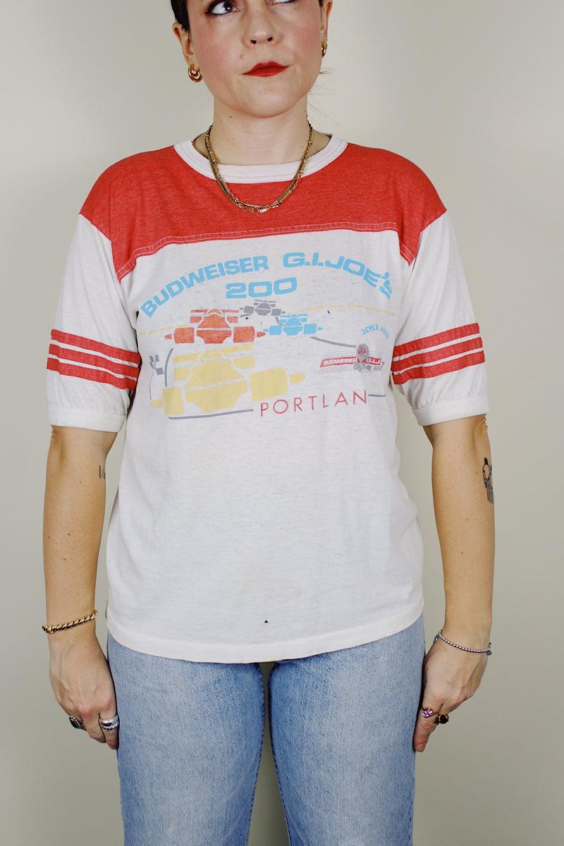 short sleeve white and red graphic ringer tee 1980's
