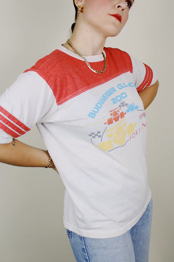 short sleeve white and red graphic ringer tee 1980's