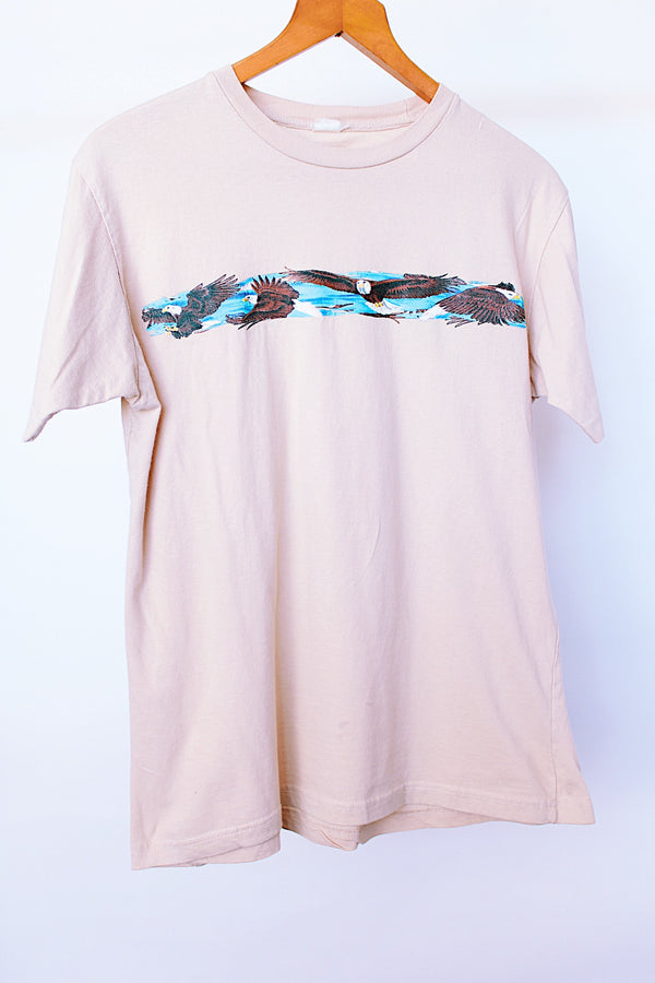 short sleeve tan vintage tee with eagle graphic on front