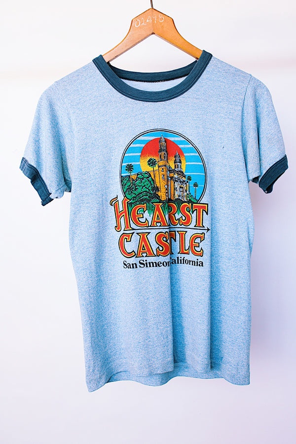 short sleeve blue vintage 1970's t-shirt heart castle graphic 