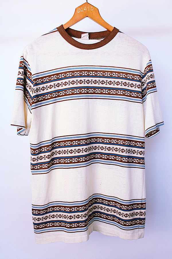 short sleeve cream t-shirt with brown and blue patterned stripes vintage 1970's