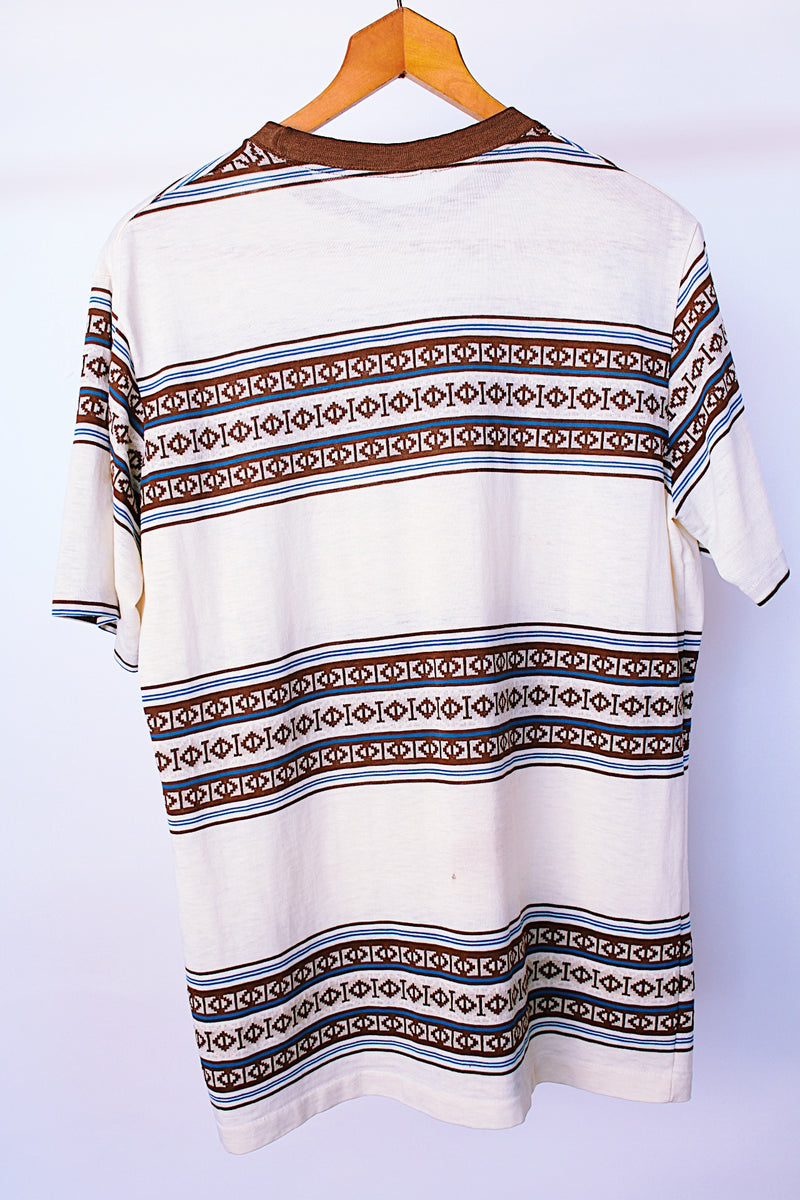 short sleeve cream t-shirt with brown and blue patterned stripes vintage 1970's