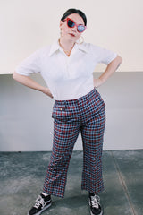 Men's or women's vintage 1970's Ultra-Stretch by Farah label navy, blue, and red plaid pants in a lightweight cotton material. Zipper closure and has pockets.