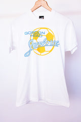 short sleeve white t-shirt with soccer ball graphic vintage 1980's
