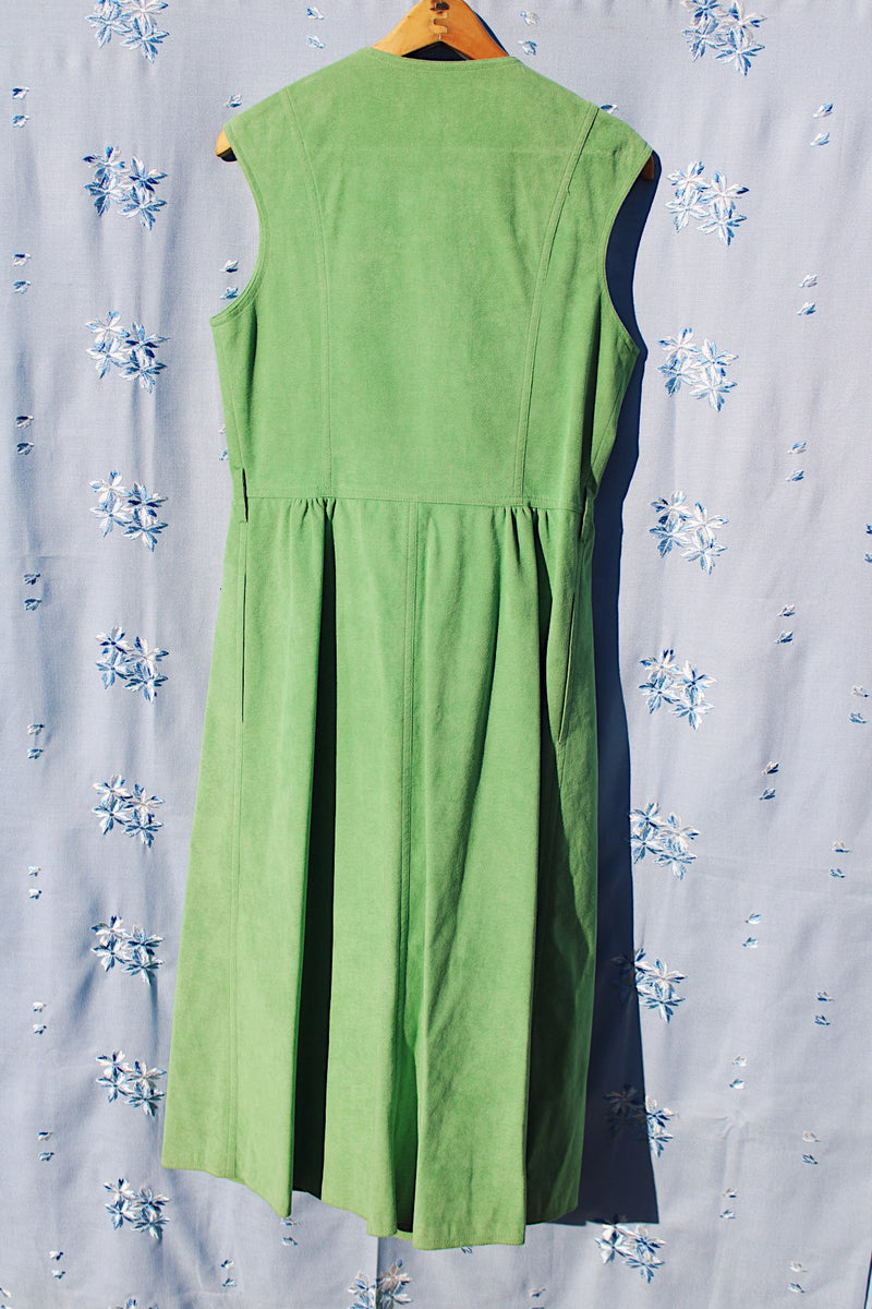 sleeveless midi length pastel green suede dress buttons up the front