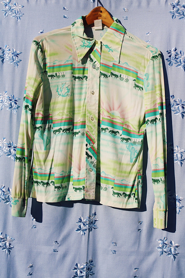 long sleeve green printed button up blouse vintage 1970's with collar and western print with horses