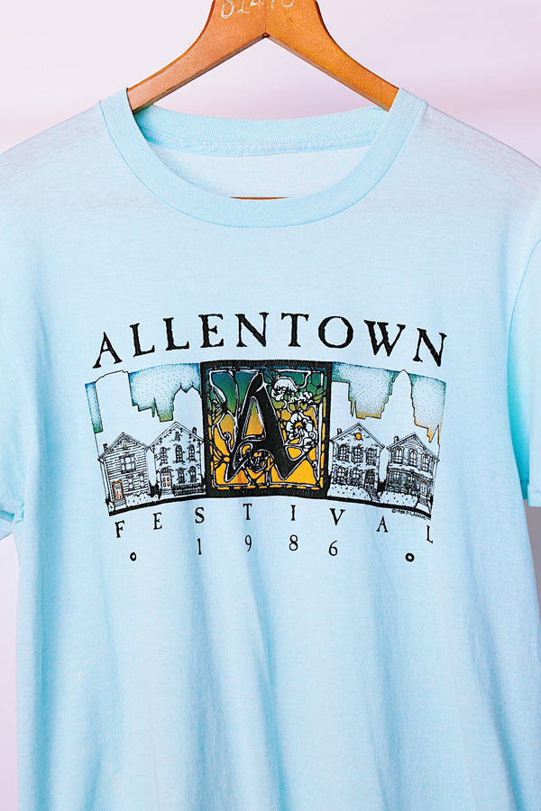 short sleeve light blue t-shirt with allentown festival graphic vintage 1987