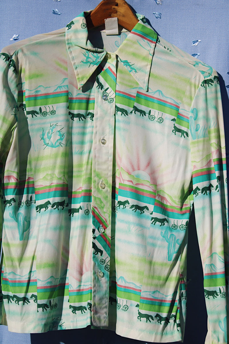 long sleeve green printed button up blouse vintage 1970's with collar and western print with horses