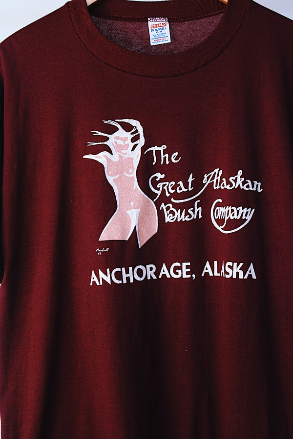 short sleeve maroon t-shirt vintage 1970's alaskan bush company graphic 