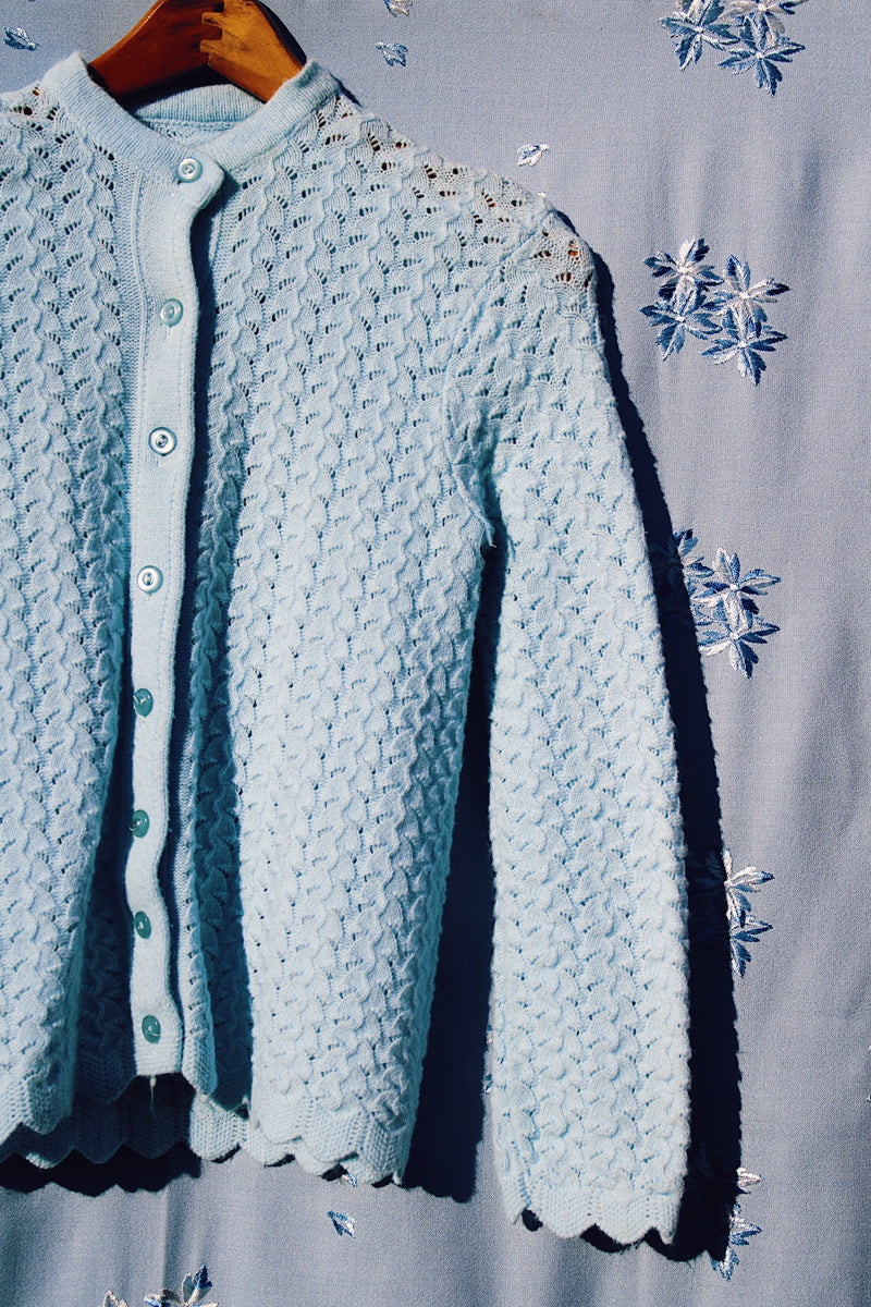 long sleeve baby blue crochet button up cardigan 1960's women's vintage