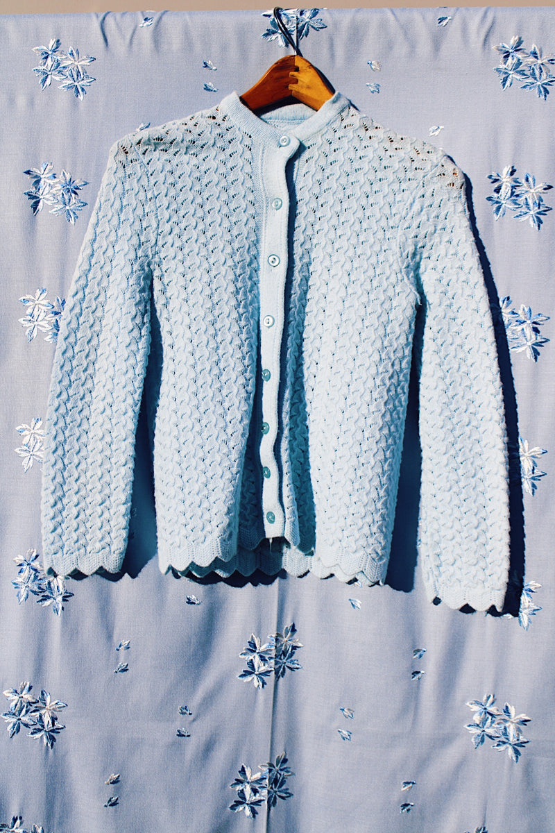 long sleeve baby blue crochet button up cardigan 1960's women's vintage