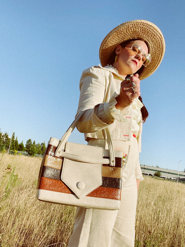 faux leather cream and brown striped handbag vintage 1970's