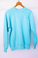 long sleeve light blue cotton blend plain crew neck sweater vintage