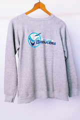 long sleeve grey vintage 1983 crew neck sweater with portland breakers graphic