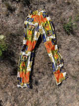 slinky shiny polyester printed pants in abstract print elastic waistband 1970's vintage women's