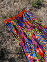 multi colored print maxi polyester skirt with buttons up the front vintage women's 1970's