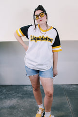 Women's or men's vintage 1980's Willamette Athletic, Portland short sleeve white, yellow, and black mesh stretch nylon sports jersey with v shaped neckline.