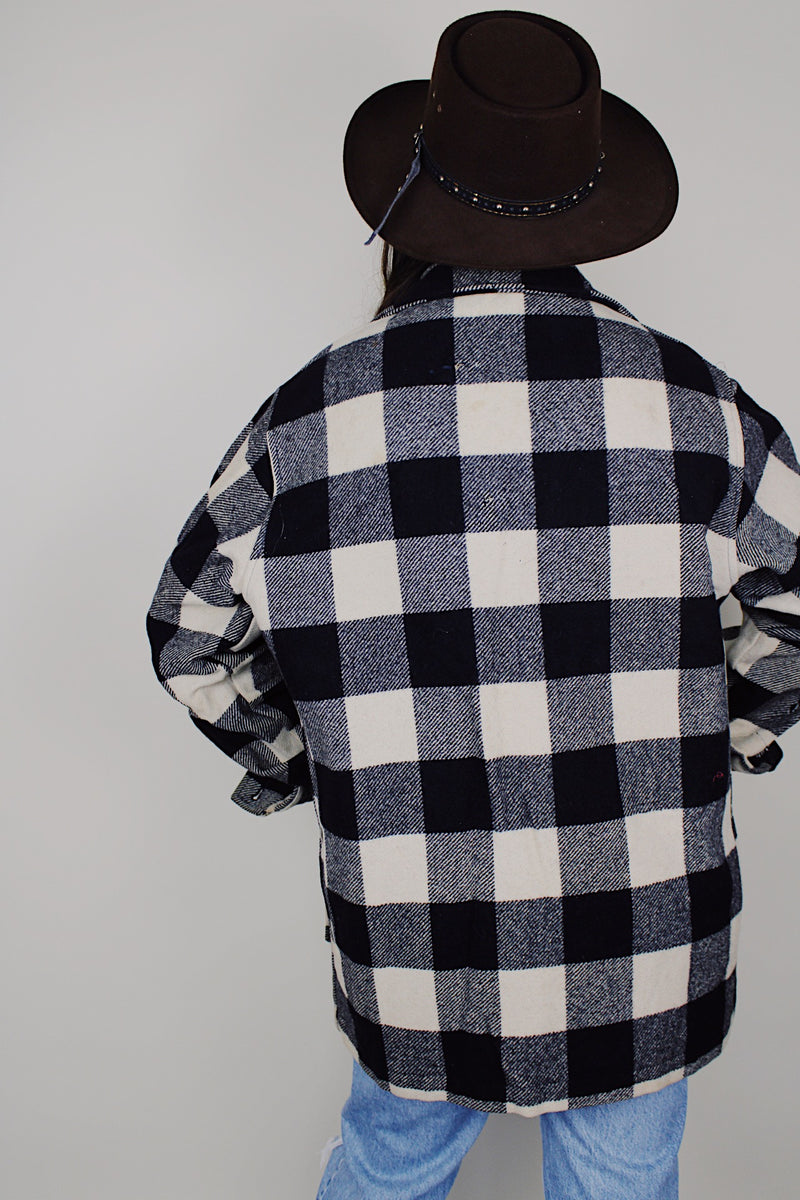 vintage 1970's Pendleton long sleeve wool black and white plaid print button up jacket