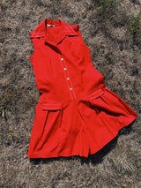 sleeveless red romper in cotton buttons up the front pointy collar vintage 1970's