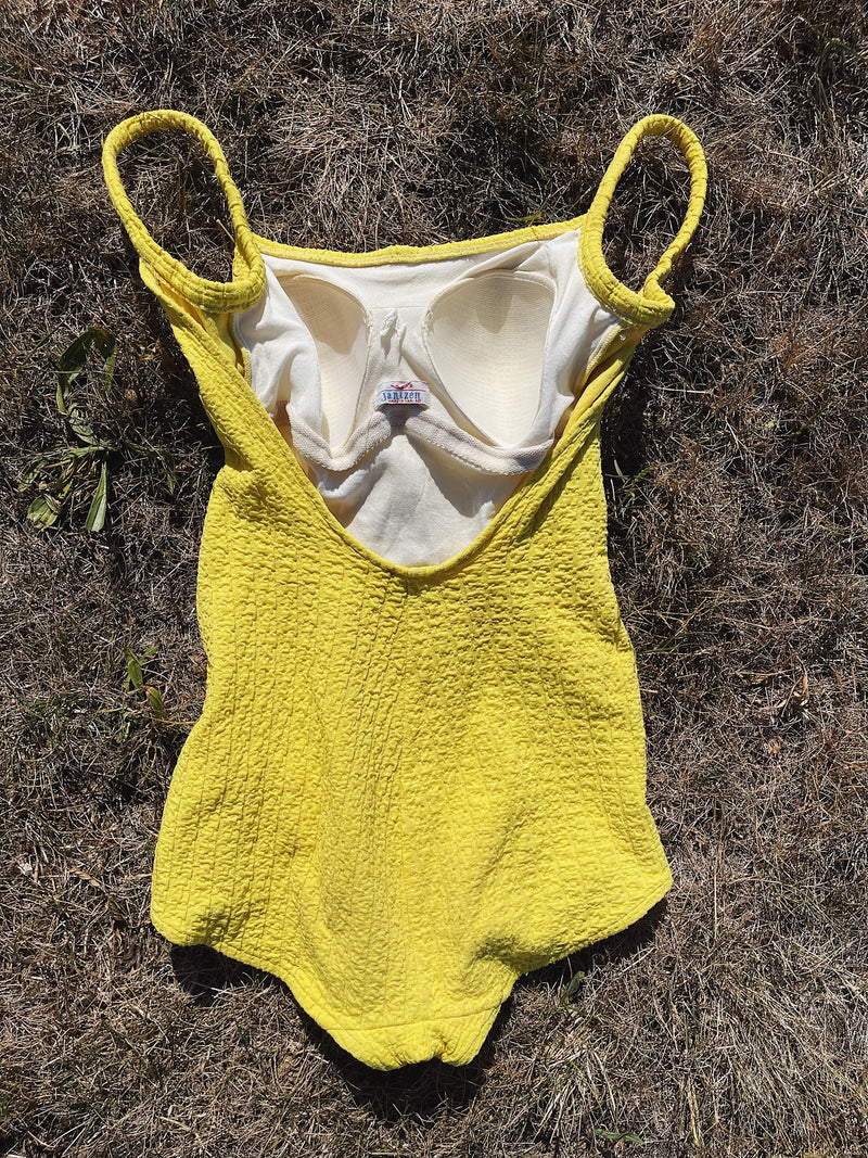 yellow textured nylon vintage swimsuit with skirt bottom 1970's