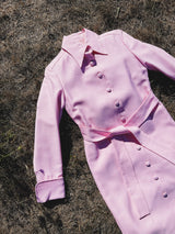 pink long sleeve button up shirt dress with collar and matching tie belt vintage 1980's