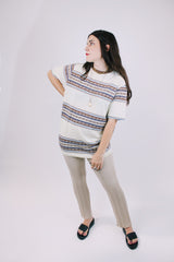 short sleeve cream t-shirt with brown and blue patterned stripes vintage 1970's