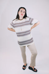 short sleeve cream t-shirt with brown and blue patterned stripes vintage 1970's