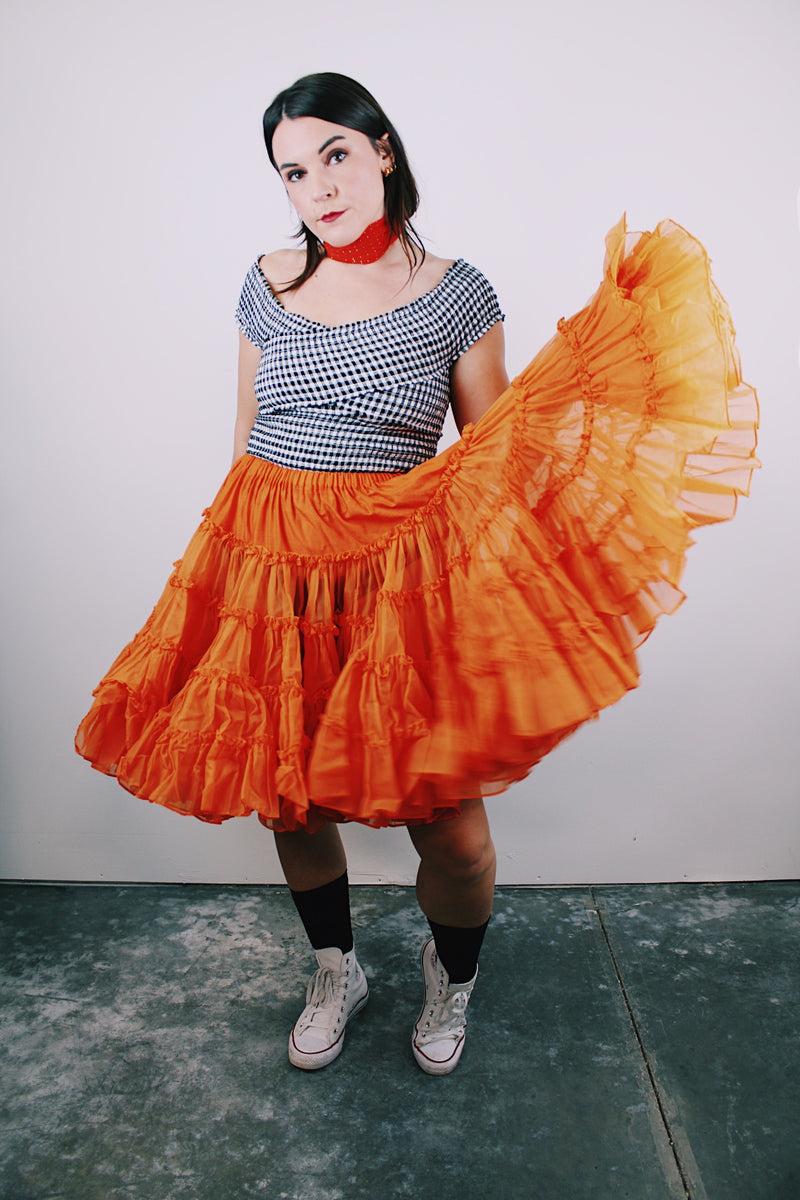 vintage 1960's orange crinoline with layers of sheer ruffled tulle