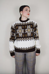 vintage 1980's Cascade label long sleeve white acrylic material pullover sweater with brown snowflake print and brown ribbed trim