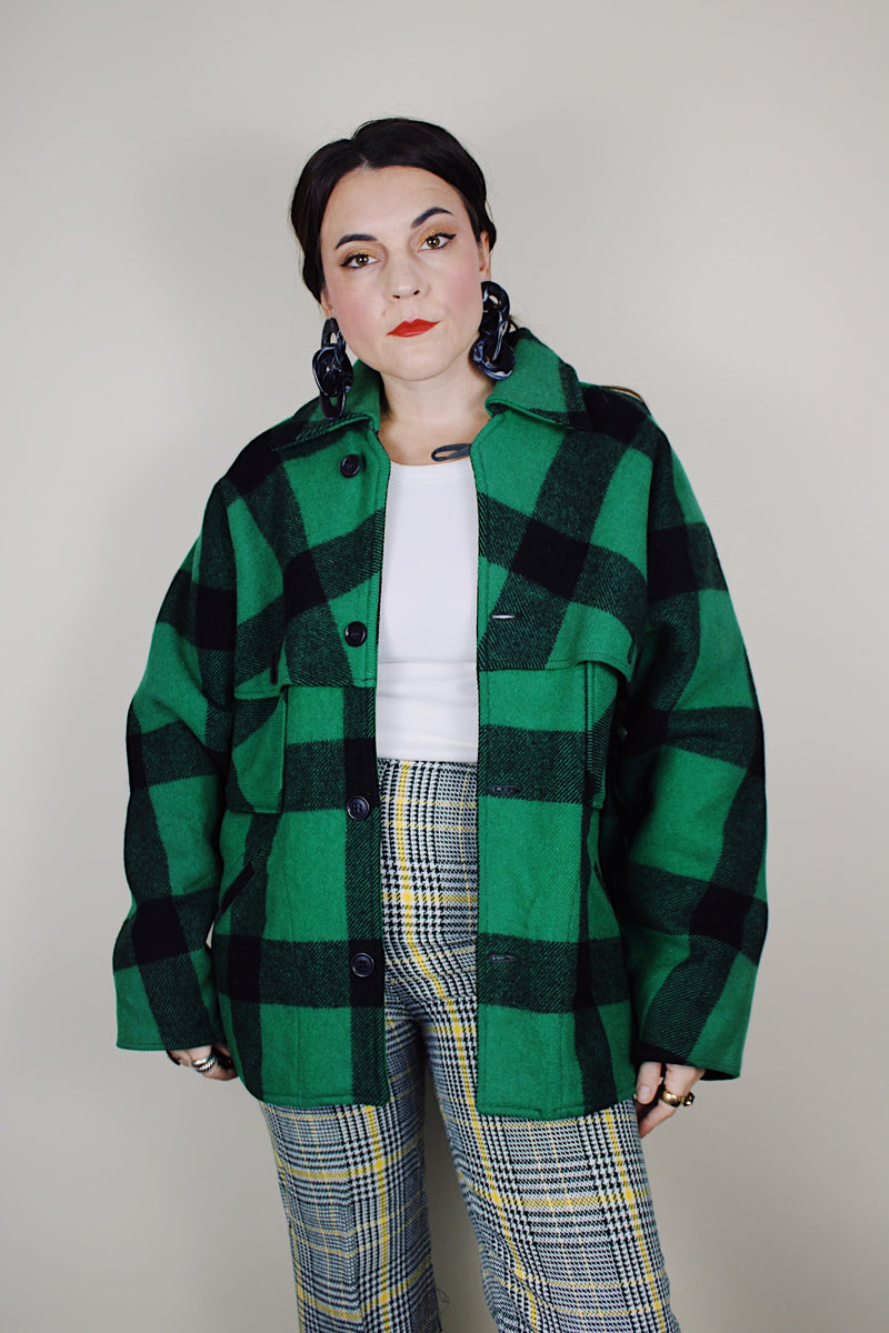 Men's vintage 1940's Sportclad label wool green and black buffalo plaid button up shacket