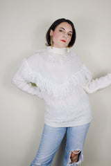 Women's vintage 1980's Avon Fashions label long sleeve white acrylic material pullover turtleneck sweater with fringe trim