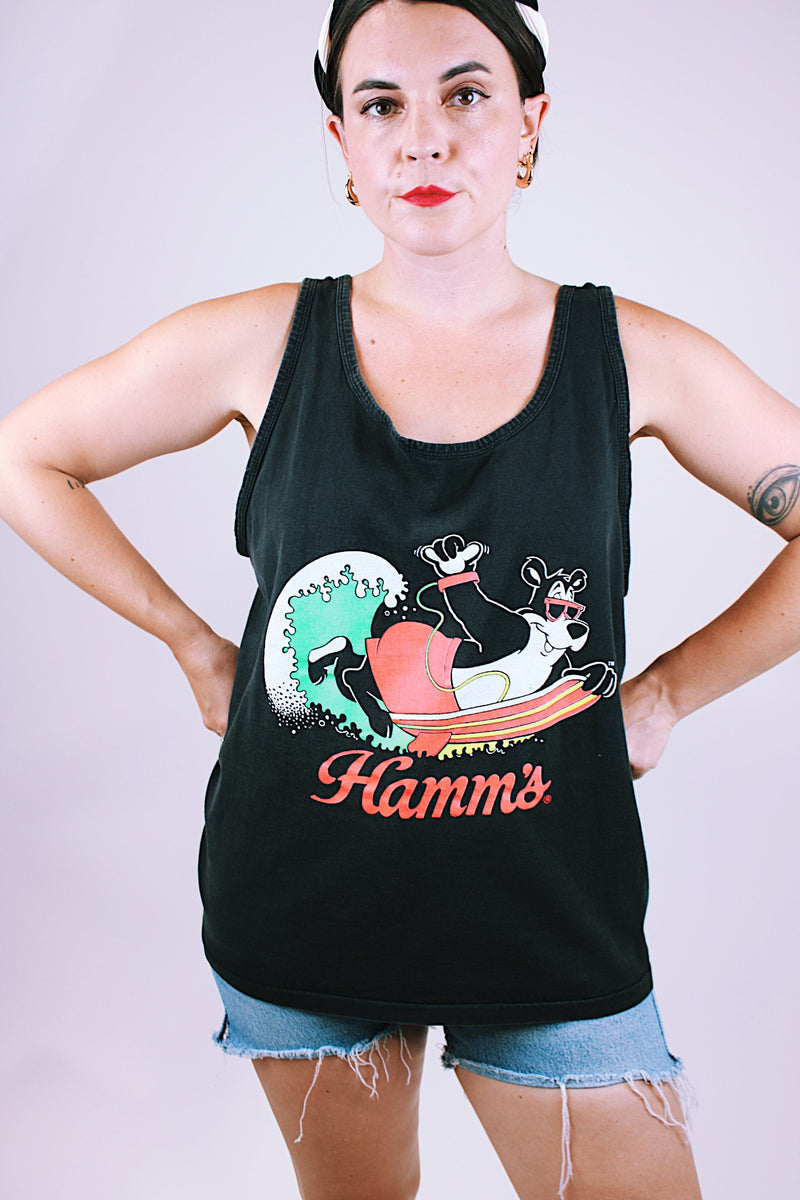 sleeveless oversized black tank top t-shirt with Hamm's on the front and bear surfing 1980's vintage