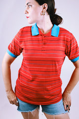 short sleeve red striped polo t-shirt vintage 1980's 