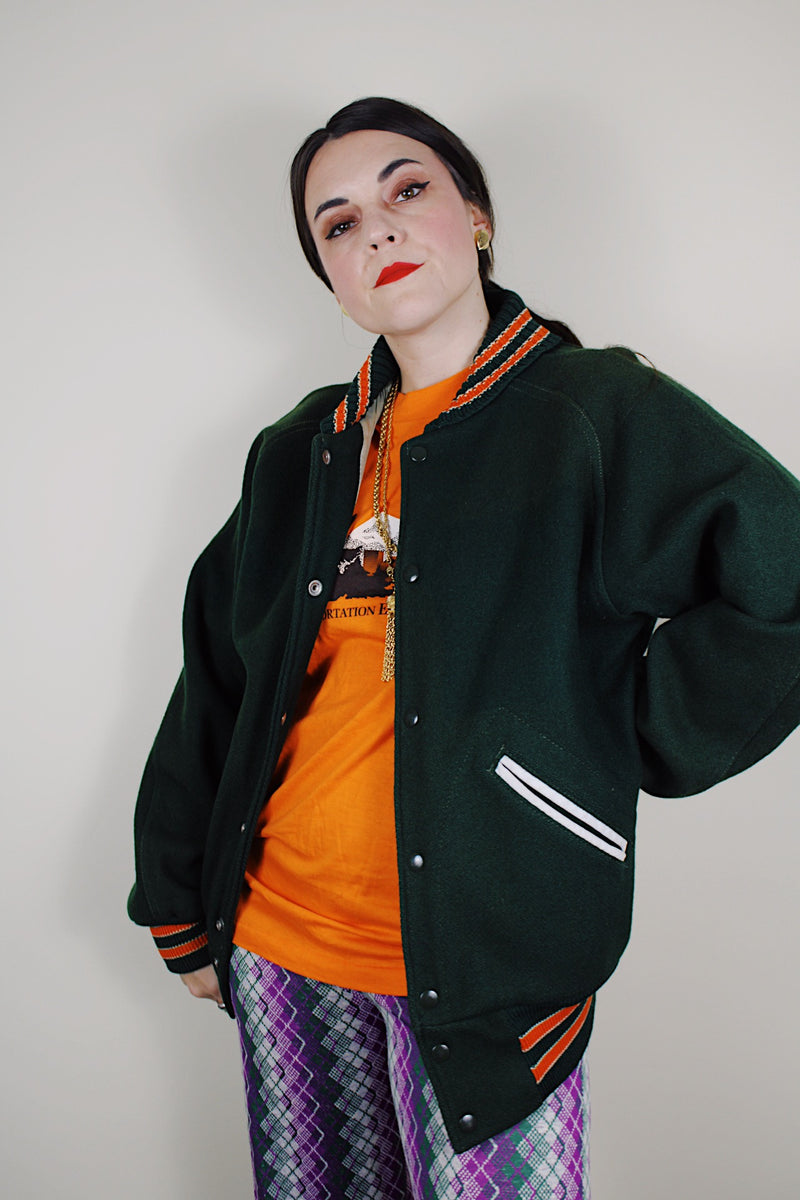 vintage 1960's Lasley Knitting Co., Seattle label long sleeve forest green wool button up letterman jacket with orange striped trim