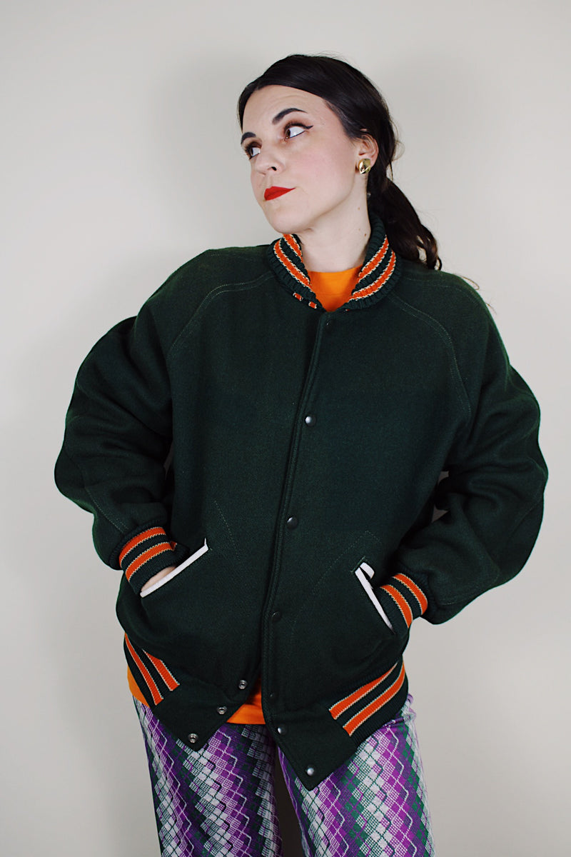 vintage 1960's Lasley Knitting Co., Seattle label long sleeve forest green wool button up letterman jacket with orange striped trim