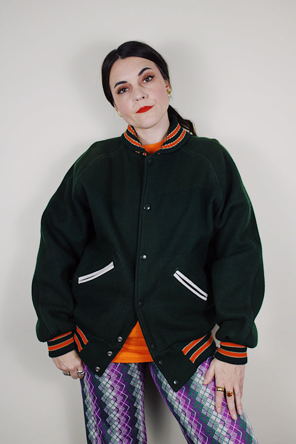 vintage 1960's Lasley Knitting Co., Seattle label long sleeve forest green wool button up letterman jacket with orange striped trim