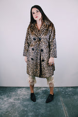 long sleeve faux fur leopard print coat with double breast closure vintage 1960's