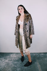 long sleeve faux fur leopard print coat with double breast closure vintage 1960's
