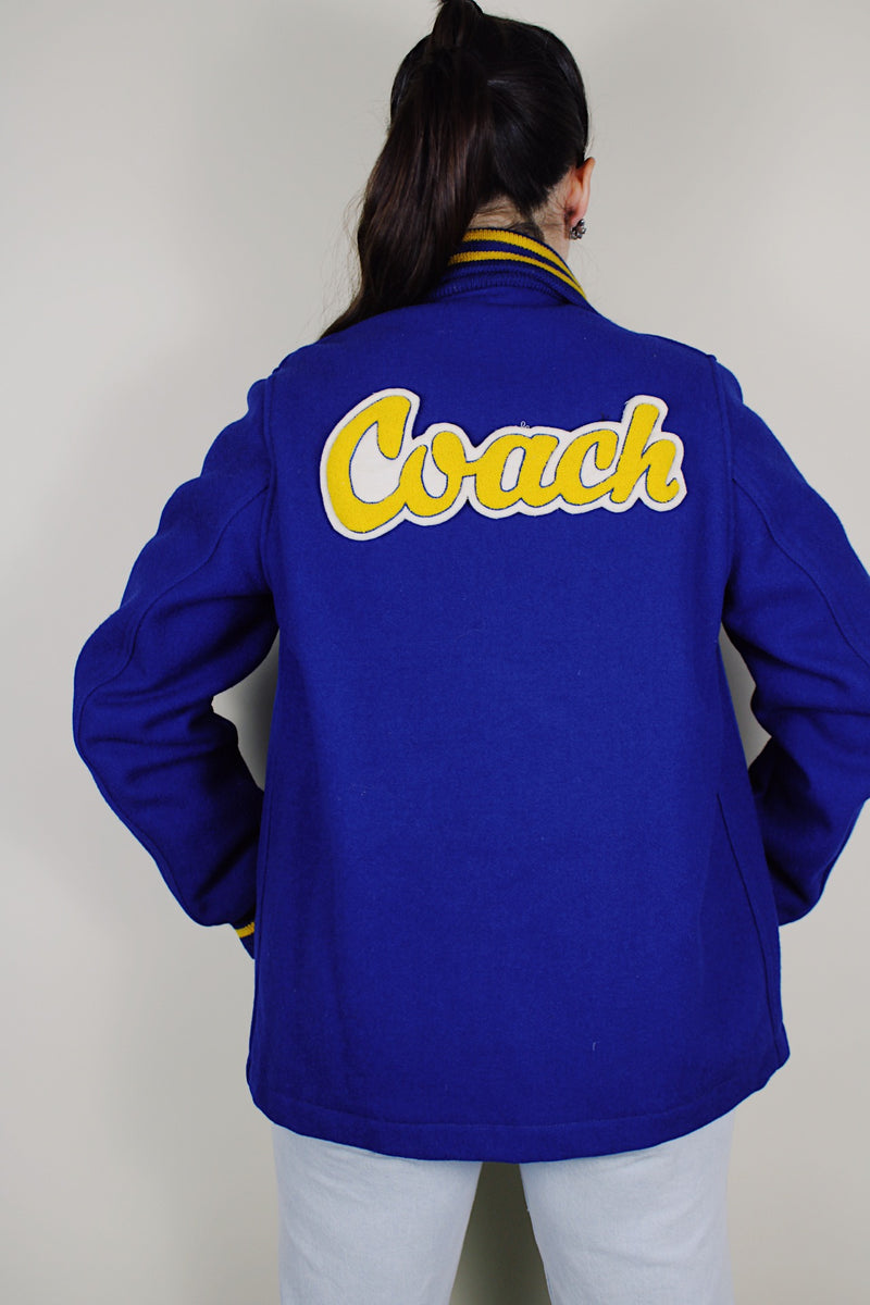 vintage 1950's Quality Knitting Co., Tacoma, Washington label long sleeve wool cobalt blue letterman jacket with yellow striped trim