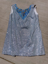 silver metallic tinsel sleeveless long top and shorts with blue beaded detail around chest and hem of shorts, costume vintage 1980's saks ally 