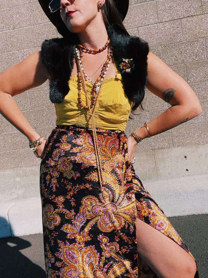 paisley printed velvet wrap skirt vintage 1970's ankle length 