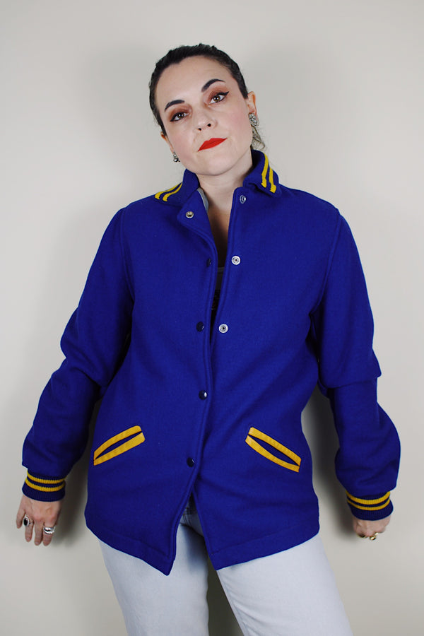 vintage 1950's Quality Knitting Co., Tacoma, Washington label long sleeve wool cobalt blue letterman jacket with yellow striped trim