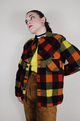 vintage 1940's Montgomery Ward long sleeve wool button up plaid shacket in red, black, and yellow print