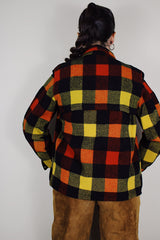 vintage 1940's Montgomery Ward long sleeve wool button up plaid shacket in red, black, and yellow print