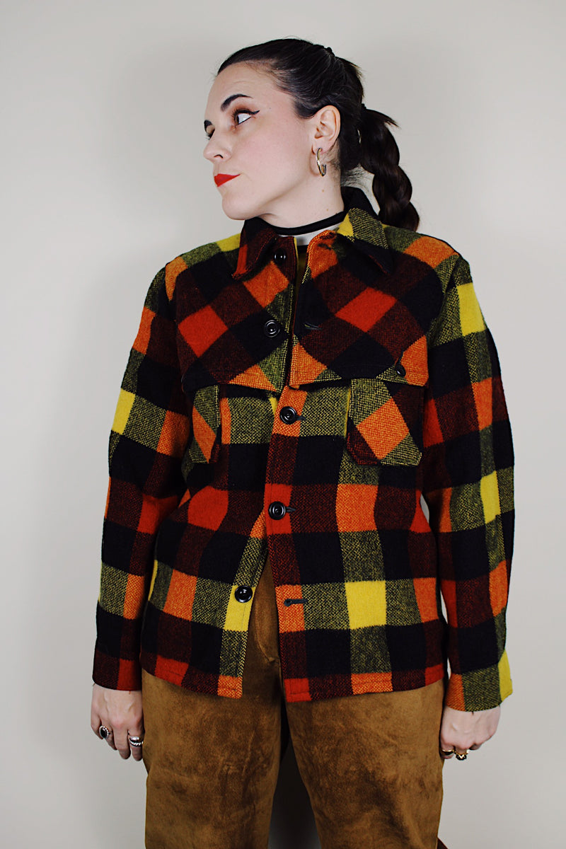 vintage 1940's Montgomery Ward long sleeve wool button up plaid shacket in red, black, and yellow print