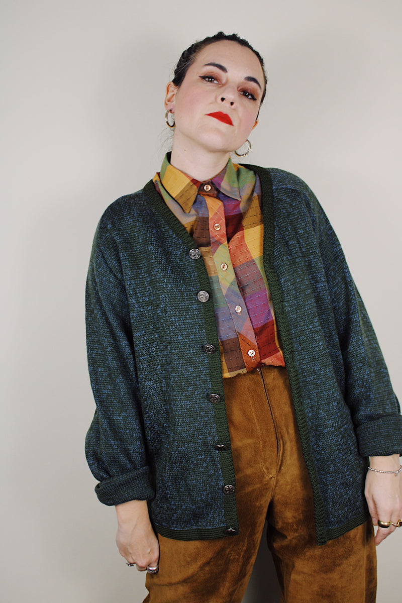 vintage 1960's Kaso of Seattle label long sleeve button up cardigan in olive green with blue specks worsted wool