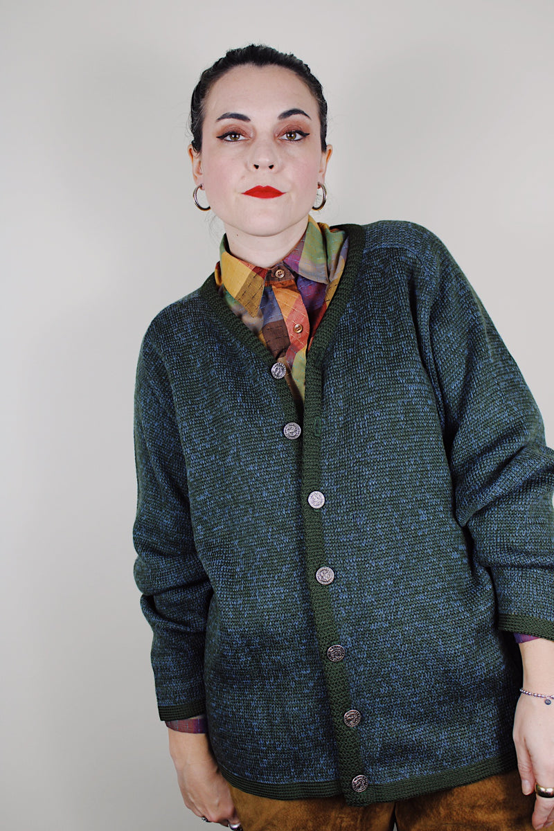 vintage 1960's Kaso of Seattle label long sleeve button up cardigan in olive green with blue specks worsted wool